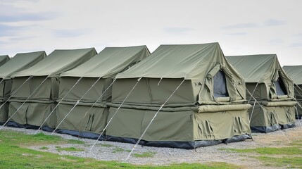 Rows of folded green canvas temporary shelter tents pitched outdoors under an overcast sky supported by poles and guy lines