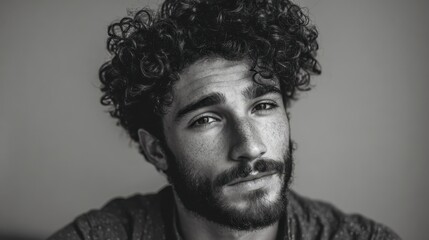Young man with curly hair and a beard gazes thoughtfully into the distance against a neutral background