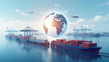 Global trade network of logistics, transportation. Cargo ships with containers trucks, airplanes move goods. Worldwide freight forwarding with maritime transport, distribution network. International