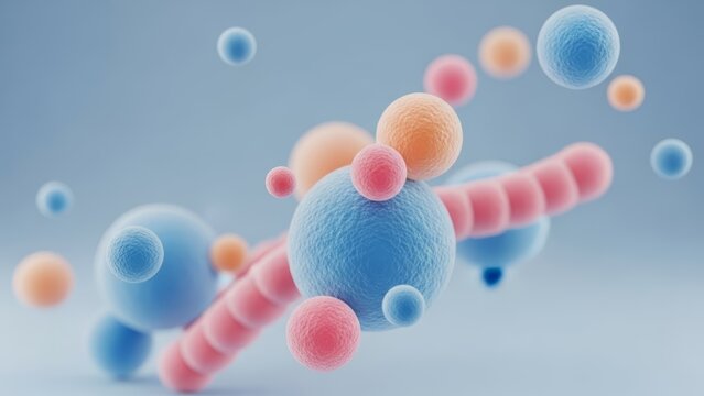 Abstract microscopic background of floating blue and pink spheres. cells, molecules, or bacteria. Medical science concept  for biology presentations, pharmaceutical ads,  genetics research visuals.