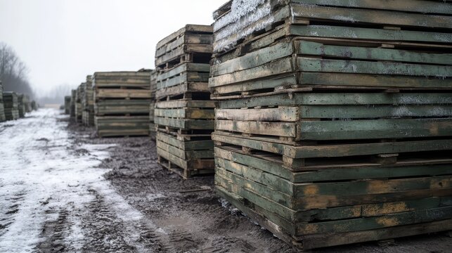 Stacks of weathered wooden crates piled outdoors on muddy ground