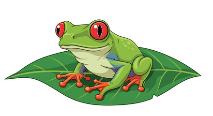 Obraz premium Cartoon illustration of a vibrant red-eyed tree frog on green leaf isolated on white background