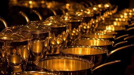 Shiny gold cooking pots and pans displayed for use