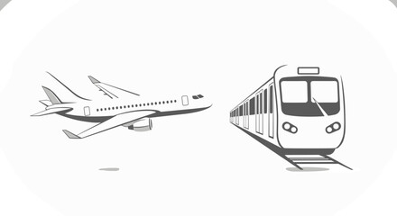 Fototapeta premium Cartoon-style illustration airplane and train depicting global travel and transportation isolated on white background