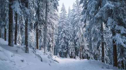 Snow-covered fairy-tale coniferous forest