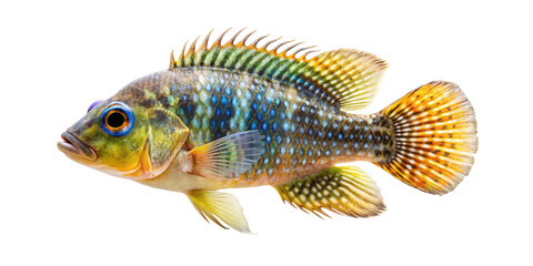 Fototapeta premium Vibrant freshwater cichlid fish with intricate scales and fins isolated on transparent background