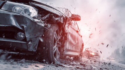 Severe car crash on a snowy road causes significant damage and poses risk to nearby vehicles during winter weather conditions