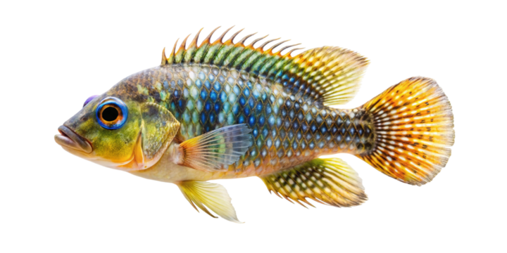 Vibrant freshwater cichlid fish with intricate scales and fins isolated on transparent background