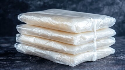 Stack of large opaque industrial grade waste bags sealed together with tie