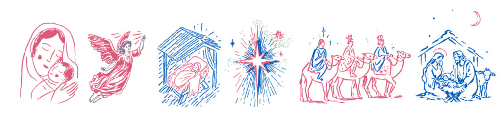 Obraz premium Traditional sketch illustrations of the christian nativity story and religious figures