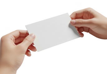 Two hands holding blank card isolated on transparent background
