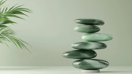Obraz premium Stack of smooth polished jade stones arranged for balance and calm in a serene green studio setting
