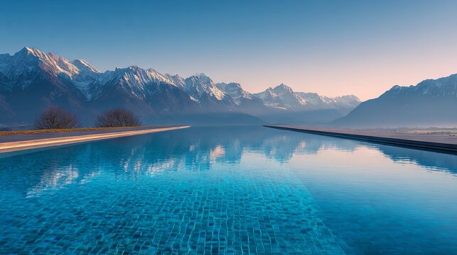 A pool overlooking a scenic backdrop of towering mountains