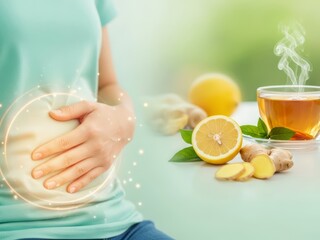 Woman holding hands on stomach with glowing graphic, next to cup of tea with ginger and lemon. Concept of healthy digestion, gut health, natural remedies, bloating relief for wellness blogs, nutrition