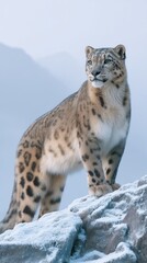 Obraz premium Majestic snow leopard on frosty rock, cold winter environment.