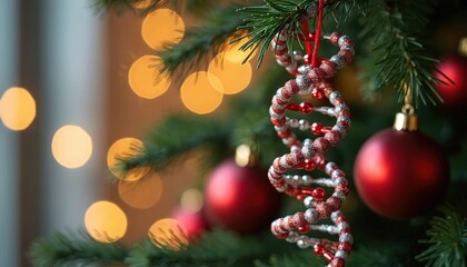 Festive Christmas tree decorated with ornaments. DNA helix shaped bauble made from beads, hangs among traditional red globes, bokeh lights. Unique xmas holiday scientific concept, bright joyful