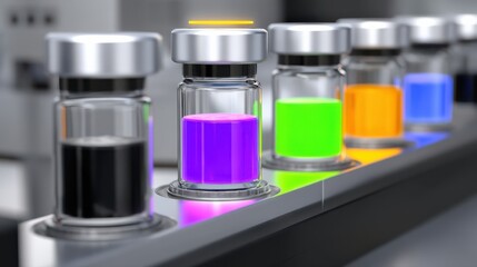 Colorful liquid vials on automated quality control conveyor line in lab.