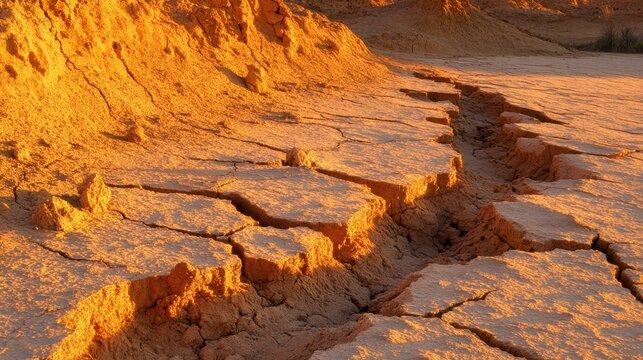 Textured surface of compressed earth showing layered strata with cracked ground under warm sunlight