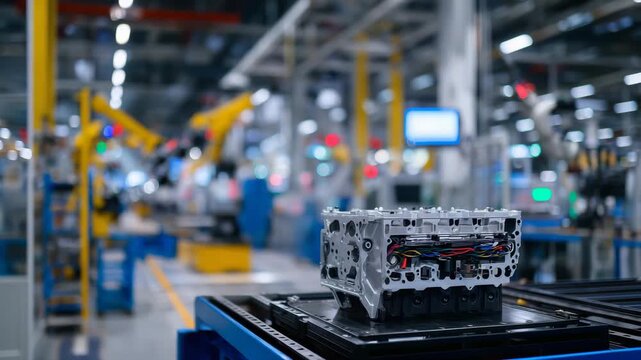Detailed view of a metallic engine part, bolts and wiring clearly visible, in a modern assembly line environment with robotic arms in the background