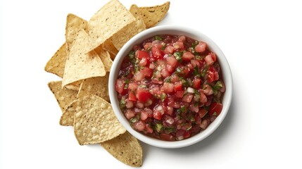 Tortilla chips with salsa in a white bowl from a top down view