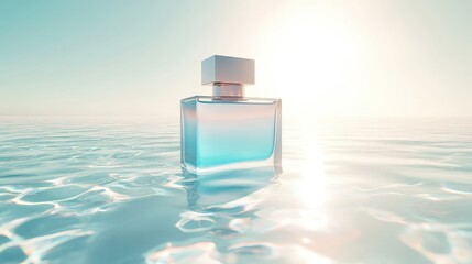 Translucent perfume bottle floating in calm water