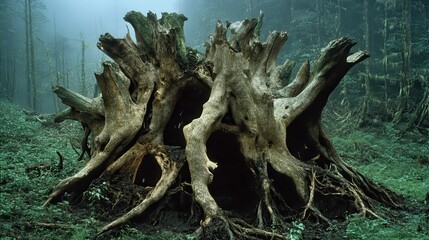 Uprooted Tree with Exposed Roots in a Natural Landscape
