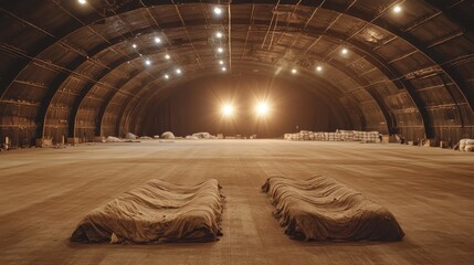 Vast dimly illuminated interior of a large industrial warehouse with arched ceiling and stacked covered goods