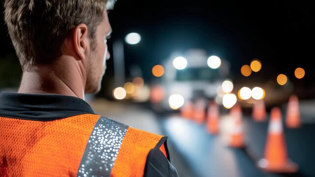 Dramatic close-up of a worker’s reflective vest illuminated by equipment lights, with coarse asphalt and bright cones defining the active construction zone