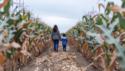 Mother and son walking holding hands in cornfield