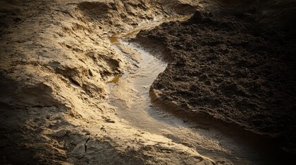 Water flowing through sandy terrain forming miniature rivers