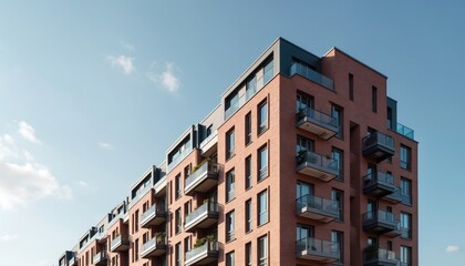 Modern brick apartment building with glass balconies against a clear blue sky. Residential complex exterior with contemporary architecture design. Facade detail of urban housing structure.