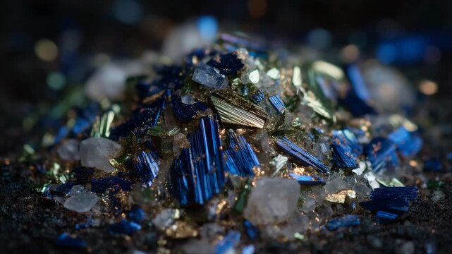 Dramatic lighting on a pile of metallic minerals, dark backdrop contrasting with shimmering cobalt, dysprosium, and tantalum fragments for green technology applications
