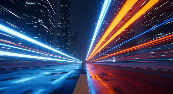 Abstract futuristic tunnel with glowing blue and orange light trails