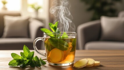 glass cup herbal ginger tea fresh mint wooden table. Warm sunlight cozy living room background. Perfect for health blogs, flu remedy articles, wellness marketing, relaxation lifestyle concepts.