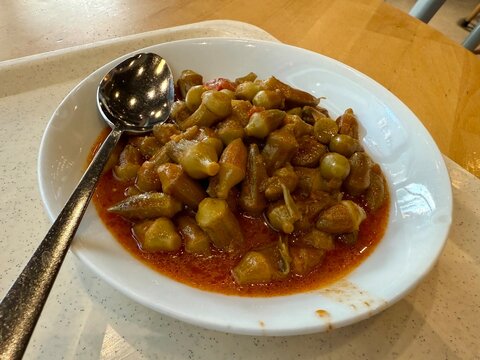 Bamya Turkish traditional food. (Turkish cuisine) Homemade Food Okra in Plate. Organic Food. Etli bamya yemegi.