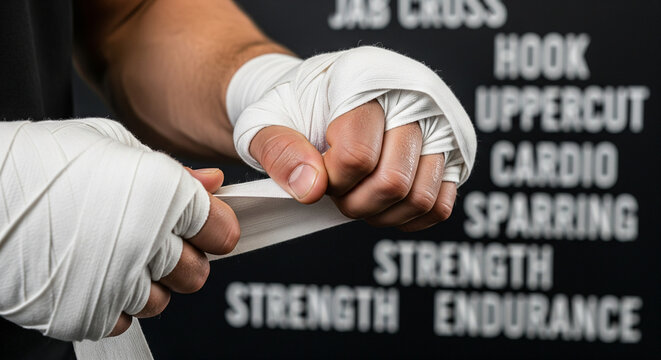 Boxer Wrapping Hands for Training: Strength and Technique Focus.
A close-up shot focusing on a boxer's hands as they meticulously wrap them with white athletic tape, a crucial preparation ritual befor