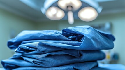 Stack of blue sterile surgical drapes ready for use under bright overhead operating room lights