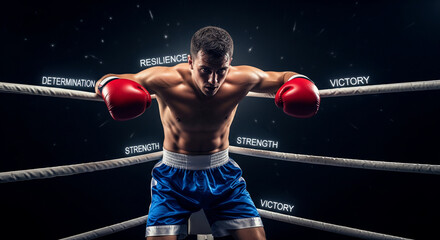 Victorious Boxer Standing Triumphant in the Center of the Ring.
A muscular male boxer stands confidently in the corner of a boxing ring, leaning on the ropes with a challenging gaze