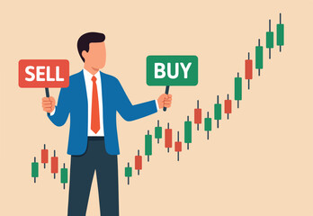 Buy or sell in stock market and crypto currency trading, investment decision, wealth management or financial concept, businessman investment analyst holding buy or sell sign with candlestick chart