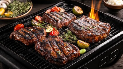 Sizzling grilled steak with charred marks and vibrant flames
