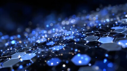 Extreme macro perspective of blue hexagonal pieces clustered together, digital overlay showing network flow lines connecting each element, dark background - Powered by Adobe