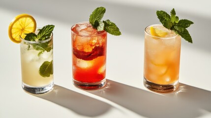 Three Colorful Cocktails With Mint and Citrus on White Backdrop