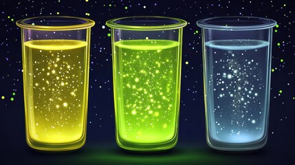 Three glowing glass tubes with liquids in a science experiment