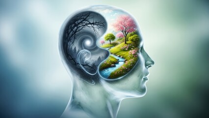 Human head profile with dual mind states dark dead forest versus sunny blooming garden. Concept of mental health, bipolar disorder, recovery, psychology, changing mindset, therapy, healing, positivity