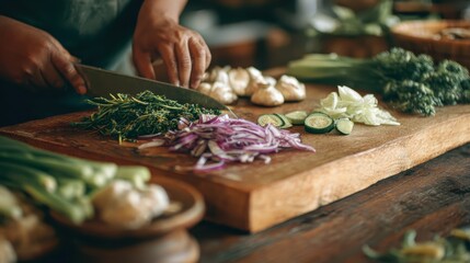 Chef prepares fresh vegetables on a wooden cutting board in a rustic kitchen during the afternoon