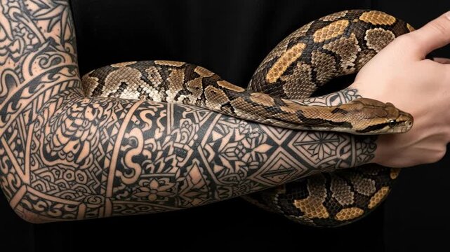 Snake crawling on tattooed arm. Ball python coiling around intricate geometric ink patterns. Reptile interaction with human skin in close-up sequence. video footage video footage