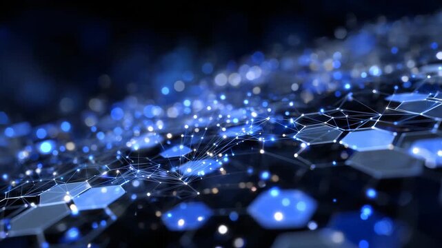 Extreme macro perspective of blue hexagonal pieces clustered together, digital overlay showing network flow lines connecting each element, dark background