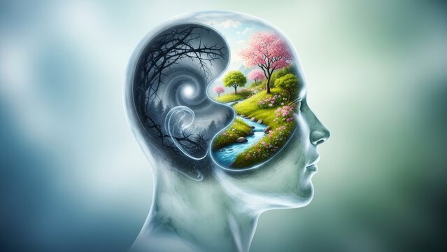 Human head profile with dual mind states dark dead forest versus sunny blooming garden. Concept of mental health, bipolar disorder, recovery, psychology, changing mindset, therapy, healing, positivity
