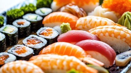 Sushi rolls and nigiri with fresh wasabi in appetizing display