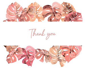 Elegant thank you greeting card design set with exotic tropical foliage.Features hand-drawn style palm, the leaves creating a fresh inspired look. Ideal for wedding,birthday,general gratitude messages